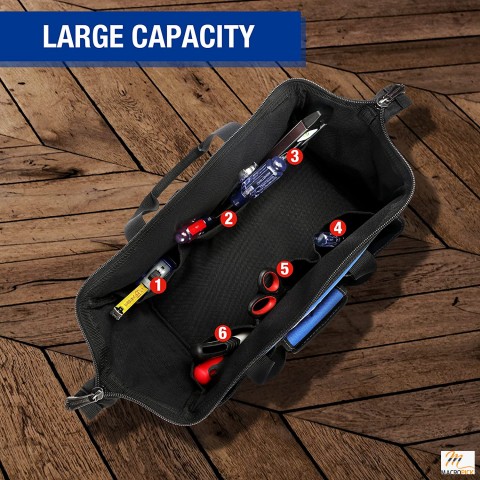 18-inch Close Top Wide Mouth Storage Tool Bag with Adjustable Shoulder Strap, Sturdy Bottom