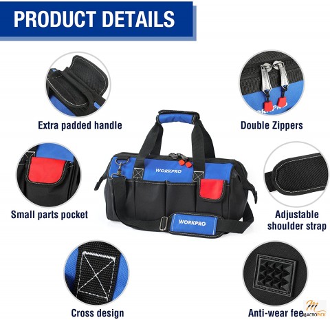 18-inch Close Top Wide Mouth Storage Tool Bag with Adjustable Shoulder Strap, Sturdy Bottom